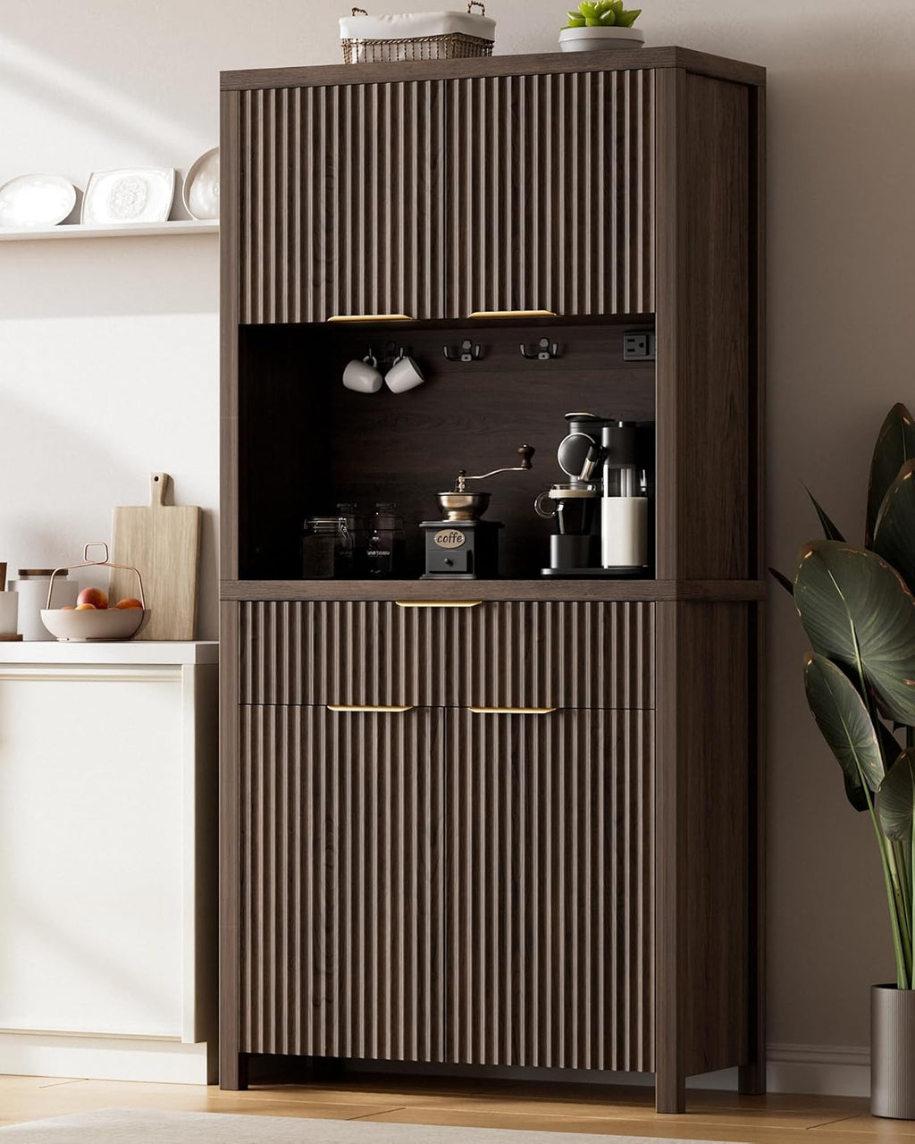 Lulive 71" Fluted Pantry Cabinet with Charging Station & Adjustable Shelves, Spacious Kitchen Storage Cabinet with Open Countertop & Drawer for Dining Room, Living Room, Brown