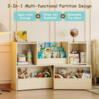 EXPERLAM Solid Wood Kids Bookshelf and Toy Storage Organizer, 3-in-1 Montessori Bookcase with Storage Cubbies and 2 Rolling Toy Bins, Toddler Bookshelf for Kids Room, Playroom, Nursery