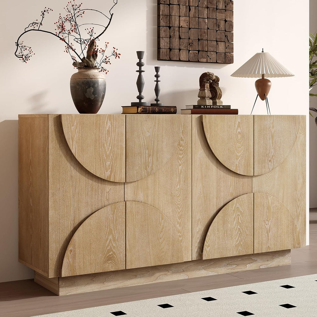 Modern Vintage Arched Door Buffet Sideboard, 56’’W Credenza Storage Cabinet with Adjustable Shelves & Cable Management, Media Console Accent Cabinet for Living Room Hallway Dining, Natural