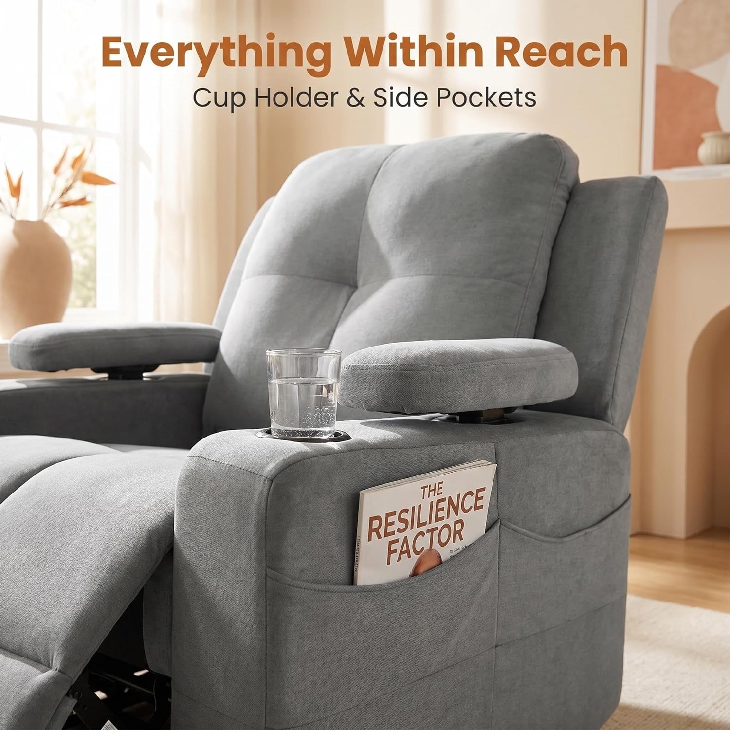 Furnimart Power Rocking Chair Nursery with Adjustable Armrests, Triple Motor Glider Recliner Swivel Nursing Chair for Breastfeeding with Phone Holder, Side Storage, Soft Waterproof Fabric, Dark Grey