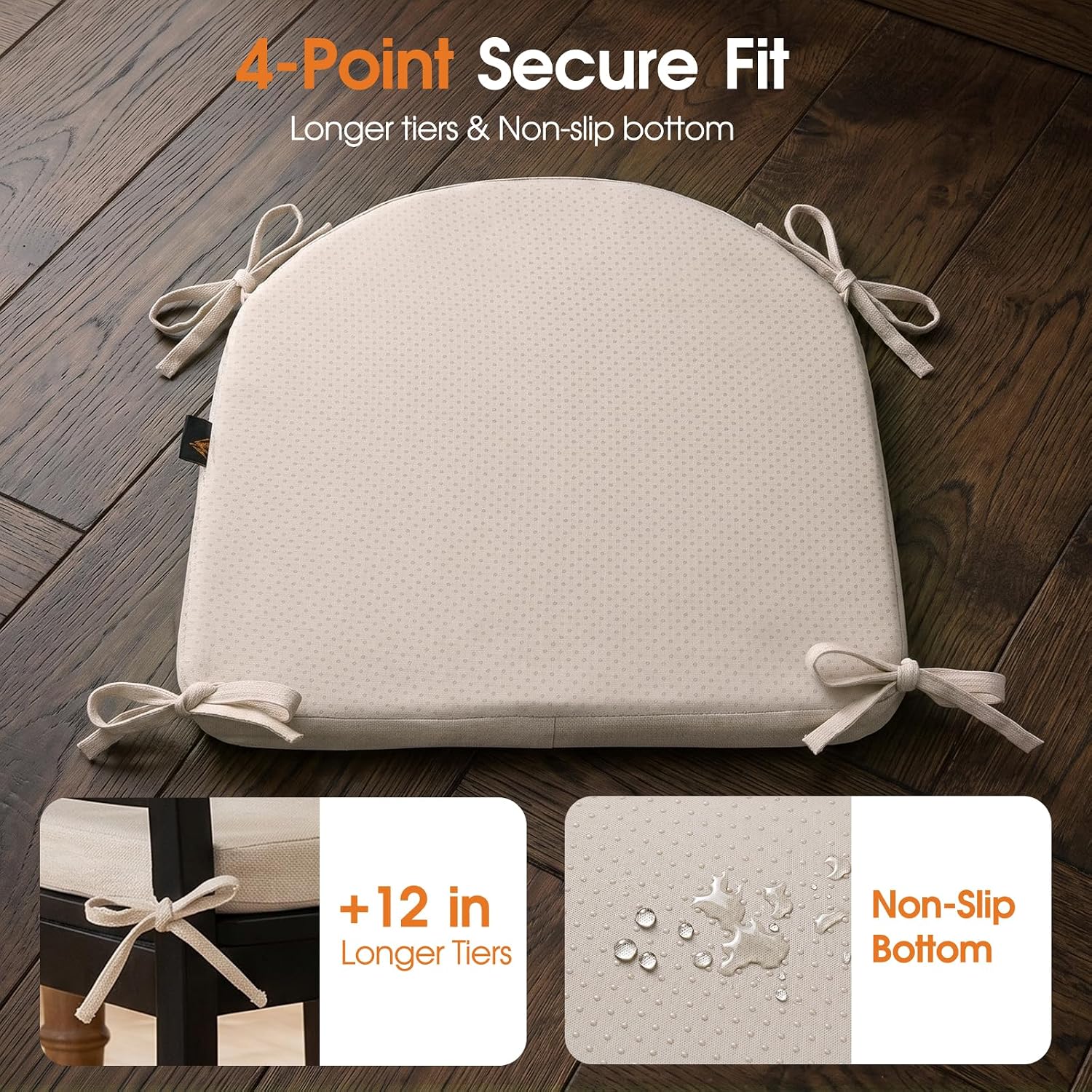 Memory Foam Chair Cushions for Dining Chairs, 2.5" Thick Seat Cushions for Kitchen Chairs, D-Shaped Chair Pads with Washable Cover, Ties and Non Slip Backing, 17'' x 16'', Set of 4, Beige
