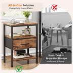 DUMOS Bedside Table with Charging Station and an Adjustable Fabric Drawer, and it is a Compact Nightstand, as Well as a 3-Tier Storage Organizer and an End Table for Bedroom, Brown