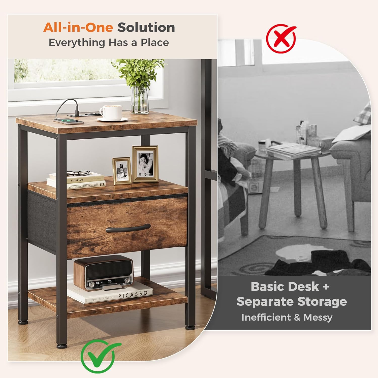DUMOS Bedside Table with Charging Station and an Adjustable Fabric Drawer, and it is a Compact Nightstand, as Well as a 3-Tier Storage Organizer and an End Table for Bedroom, Brown