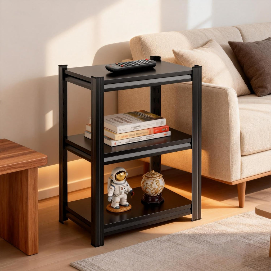 3-Tier Small Bookcase & Office Side Table, Black Industrial Bookshelf, Adjustable Metal Stand, Versatile Side Shelf for Movies, CDs & Books, Storage Rack for Small Spaces