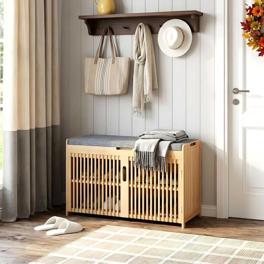 APRTAT Bamboo Shoe Storage Bench with Padded Cushion, 3-Tier Shoe Rack Organizer with 2 Ventilated Grille Doors for Entryway, Bedroom, Bathroom (Nature, Large)