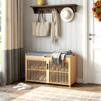 APRTAT Bamboo Shoe Storage Bench with Padded Cushion, 3-Tier Shoe Rack Organizer with 2 Ventilated Grille Doors for Entryway, Bedroom, Bathroom (Nature, Large)