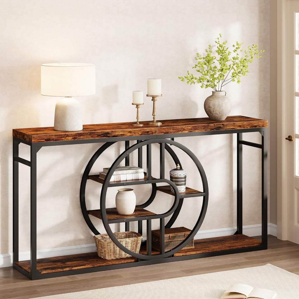 Garvee 55" Entryway Table, 5-Tier Console Tables for Entryway, Industrial Sofa Tables with Storage for Living Room, Entry Hallway Couch Entrance Table with o-Shaped Metal Frame & Storage Shelves
