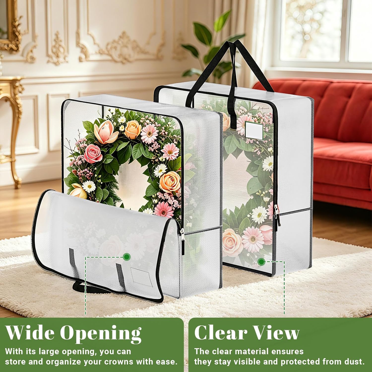 BlessedSeason Wreath Storage Container, 93L Large Clear Christmas Storage Bags for 24 to 30 Inch Artificial Garland, Holiday Decoration Organizer with Sturdy Zippers, Moving Bag for Home (5-Pack)