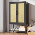 Wooden Wardrobe Closet, 2 Doors Rattan Almirah with Hanging Rail, Soft Hinge, Metal Leg and Bottom Storage Shelf, Practical Closet Organizer for Bedroom (Black)