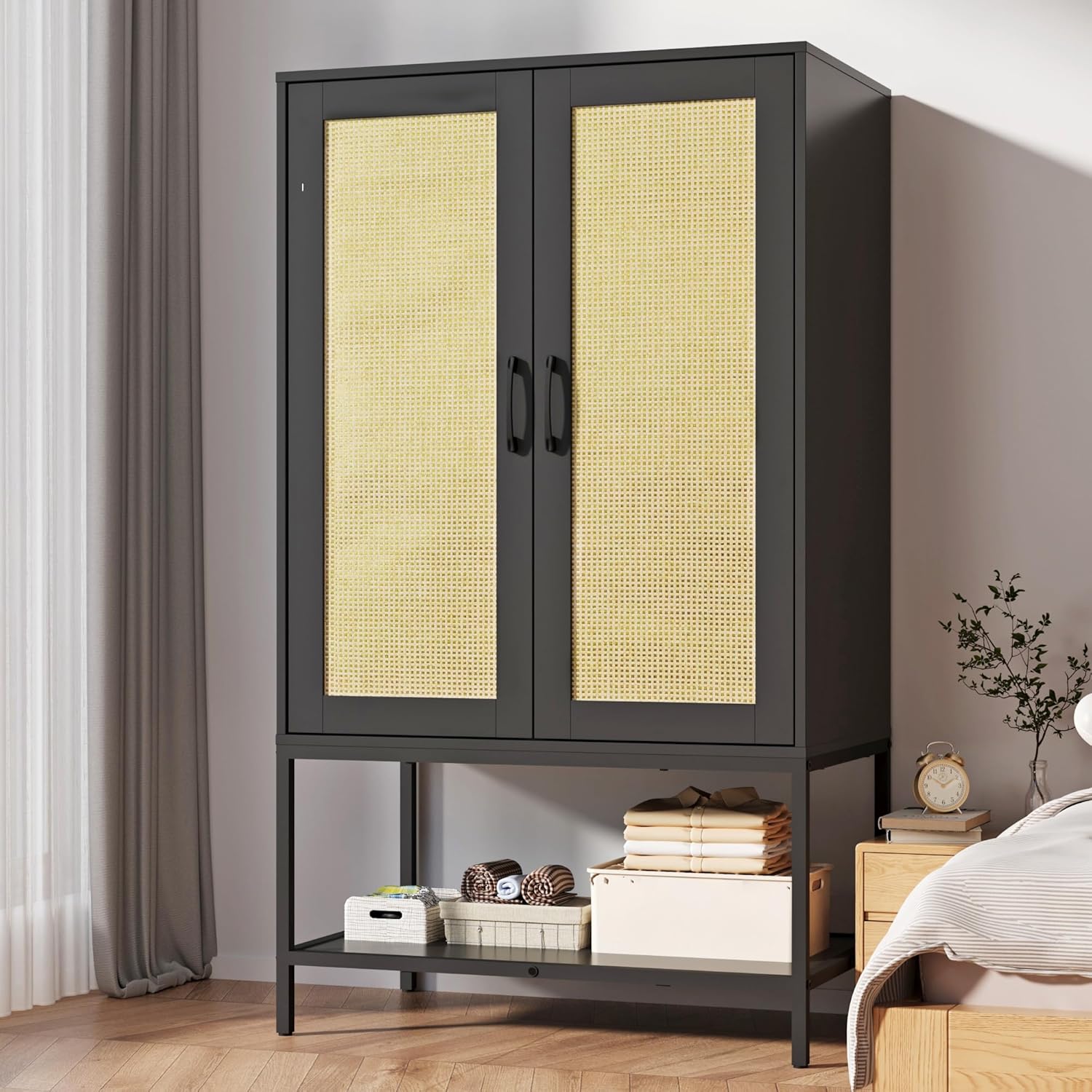Wooden Wardrobe Closet, 2 Doors Rattan Almirah with Hanging Rail, Soft Hinge, Metal Leg and Bottom Storage Shelf, Practical Closet Organizer for Bedroom (Black)