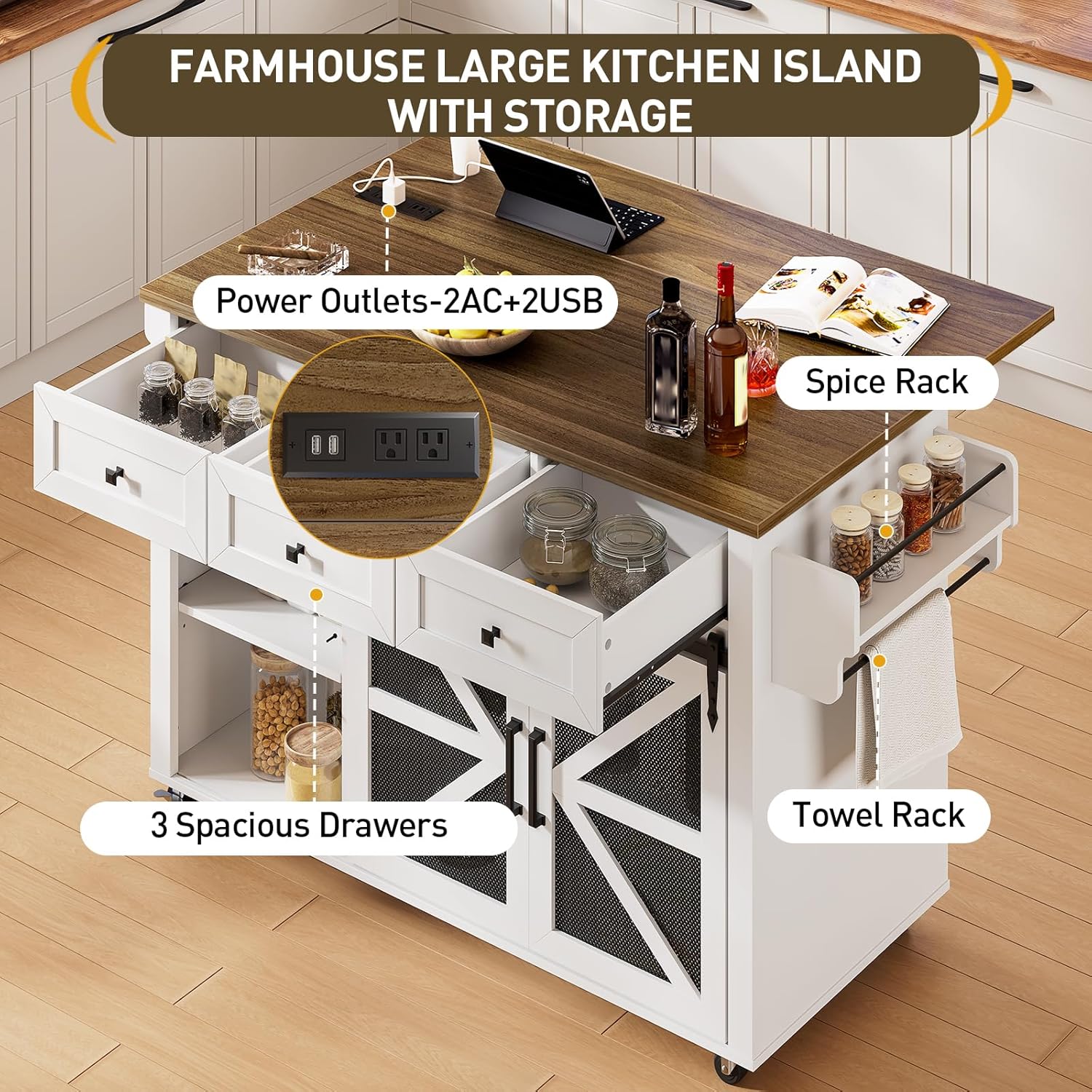 RALGEND Kitchen Island with Storage, 55" Kitchen Cart with Charging Station, Rolling Kitchen Island Table with Drop-Leaf, 3 Drawers, Barn Doors, Towel Rack and Spice Rack, White and Walnut