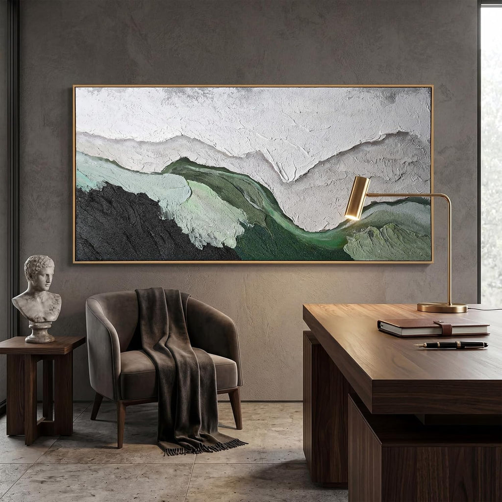 Sintuff 28 x 55 Inch 3D Textured Large Framed Art Prints, Abstract Hand-painted Sage Green Beige Beach Ocean Waves Oil Painting, Minimalist Artwork Wall Decor for Living Room Bedroom