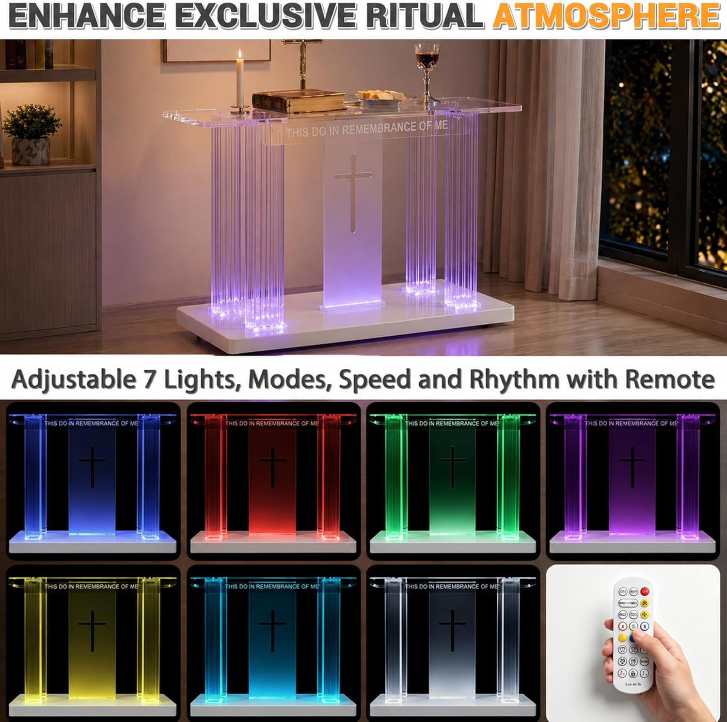 Clear Acrylic Holy Communion Table, Church Altar Table with LED Color Changing Lights & Remote Control, Mobile Worship Table with 4 Swivel Casters , Engraved Cross & Scripture for Church & Home Use