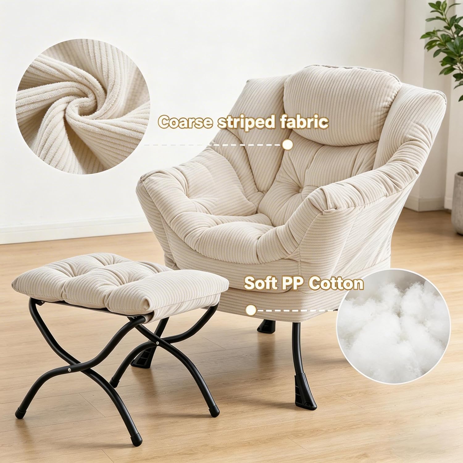 Corduroy Lazy Chair with Ottoman, Modern Large Accent Lounge Chair, Comfy Upholstered Reading Chair with Footrest, Oversized Leisure Armchair for Living Room, Bedroom, Dorm, White