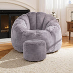 Bean Bag Chair, Bean Bag Chair with Ottoman, Stuffed Bean Bag Chairs with Filler, Big Beanbag Chairs with Filling for Living Room (Faux Fur in Gray, 40.6" D×41.4" W×27.6" H)