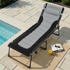 TLSUNNY Padded Folding Lounge Chair, Portable Reclining Chair with Pillow & Side Pocket, Outdoor 5-Position Adjustable Chaise Lounger with Carrying Handle, for Beach, Pool, Sunbathing (Black & Gray)
