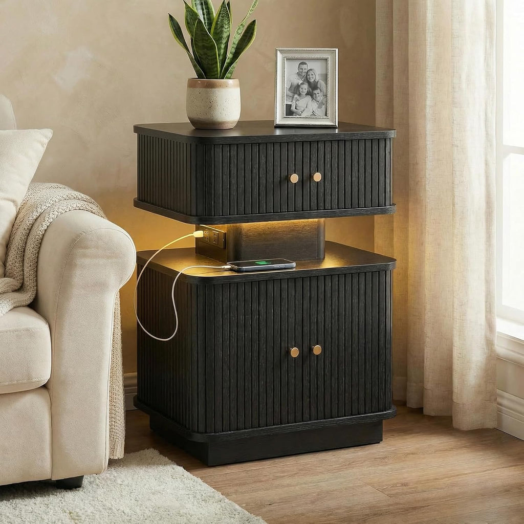 LED Light End Table with Charging Station, Black Smart Mid Century Bedside Table with USB Type A C Ports, Small Fluted Accent Control Nightstand with 2 Sliding Door for Living Room, Curvy Edge