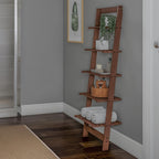 5-Tier Ladder Shelf - 50-Inch Narrow Leaning Bookshelf - Wooden Bookcase for Living Room, Bathroom, Kitchen, Office, or Bedroom Furniture by Lavish Home (Walnut)