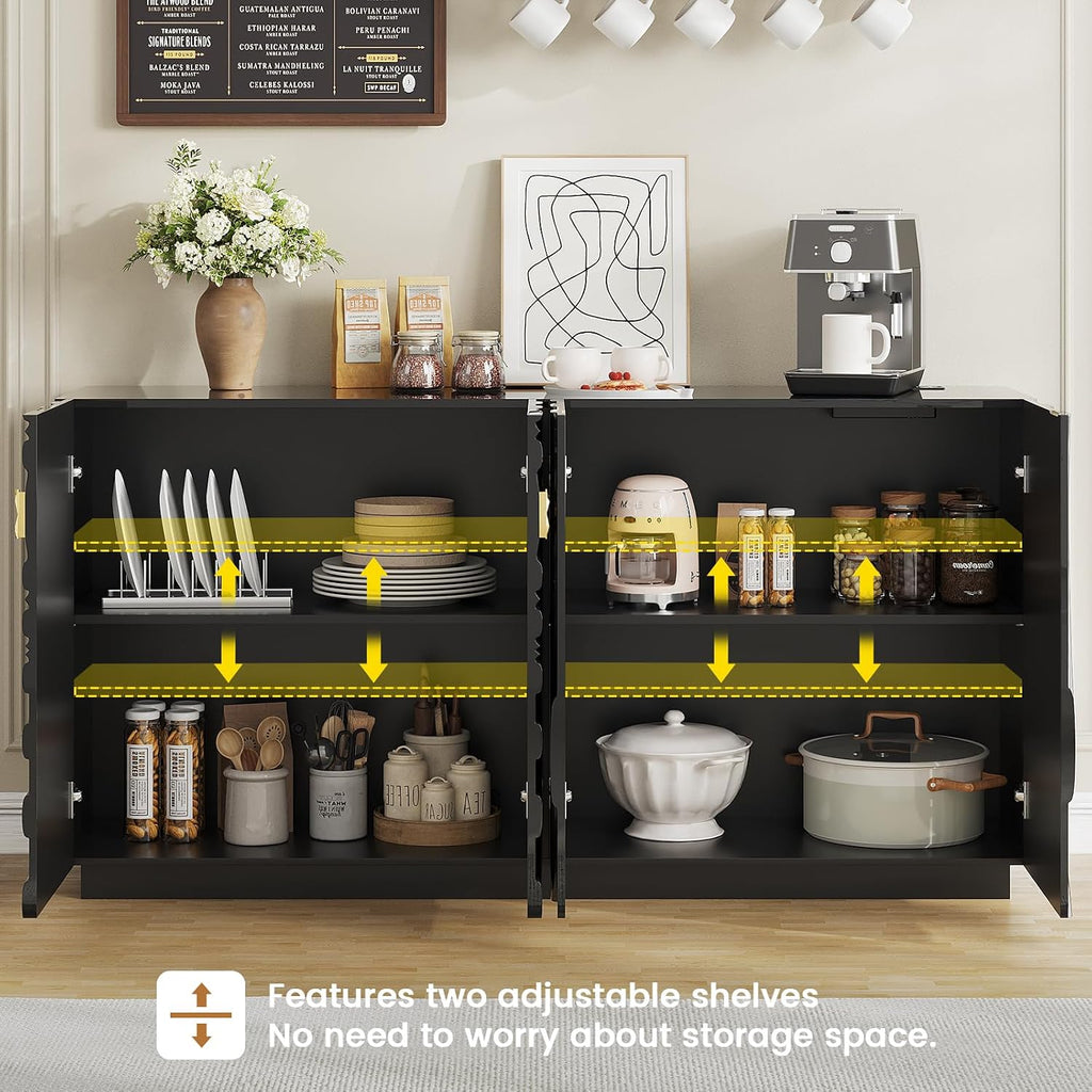 LVSOMT 63" High-Gloss Sideboard Buffet Cabinet with Storage, Large Coffee bar Cabinet with RGB Lights and Power Outlet, Modern Console with 4 Doors for Kitchen and Living Room, Black