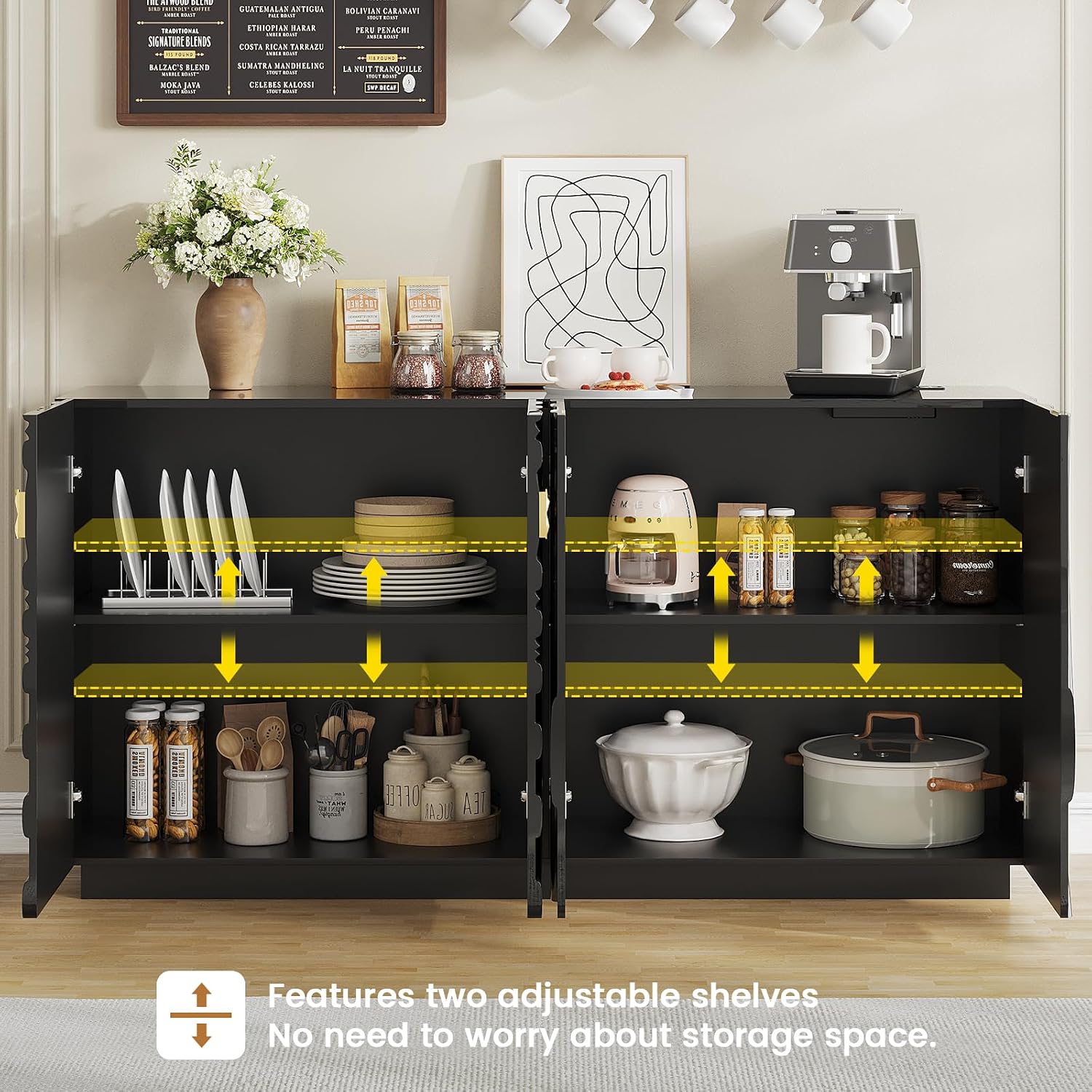 LVSOMT 63" High-Gloss Sideboard Buffet Cabinet with Storage, Large Coffee bar Cabinet with RGB Lights and Power Outlet, Modern Console with 4 Doors for Kitchen and Living Room, Black