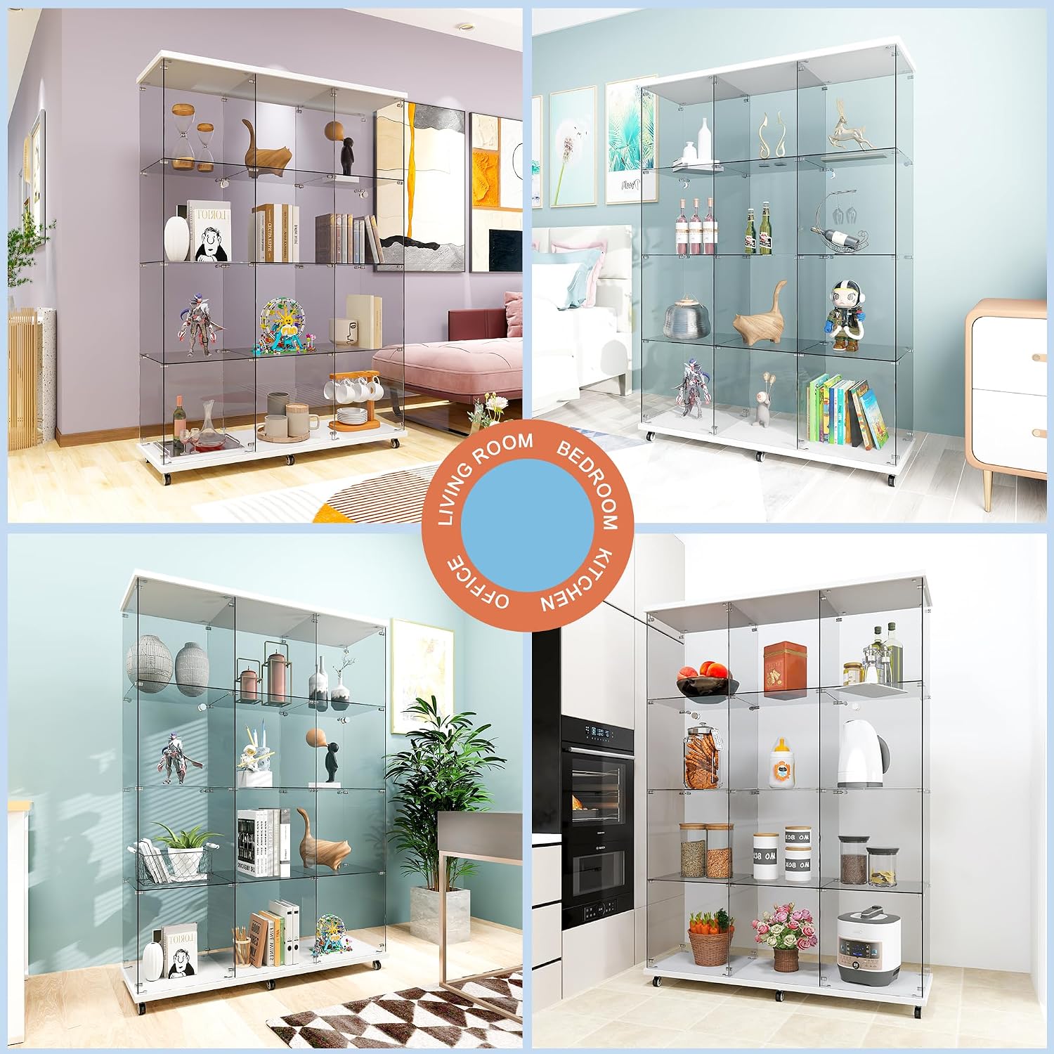 FANYUSHOW Tempered Glass Display Cabinet 12-Shelves Curio Cabinet with 3 Columns and Lock Extra Large Display Shelf Showcase for Living Room/Bedroom/Office- White 66.5" H x47.7 L x 14.5" W