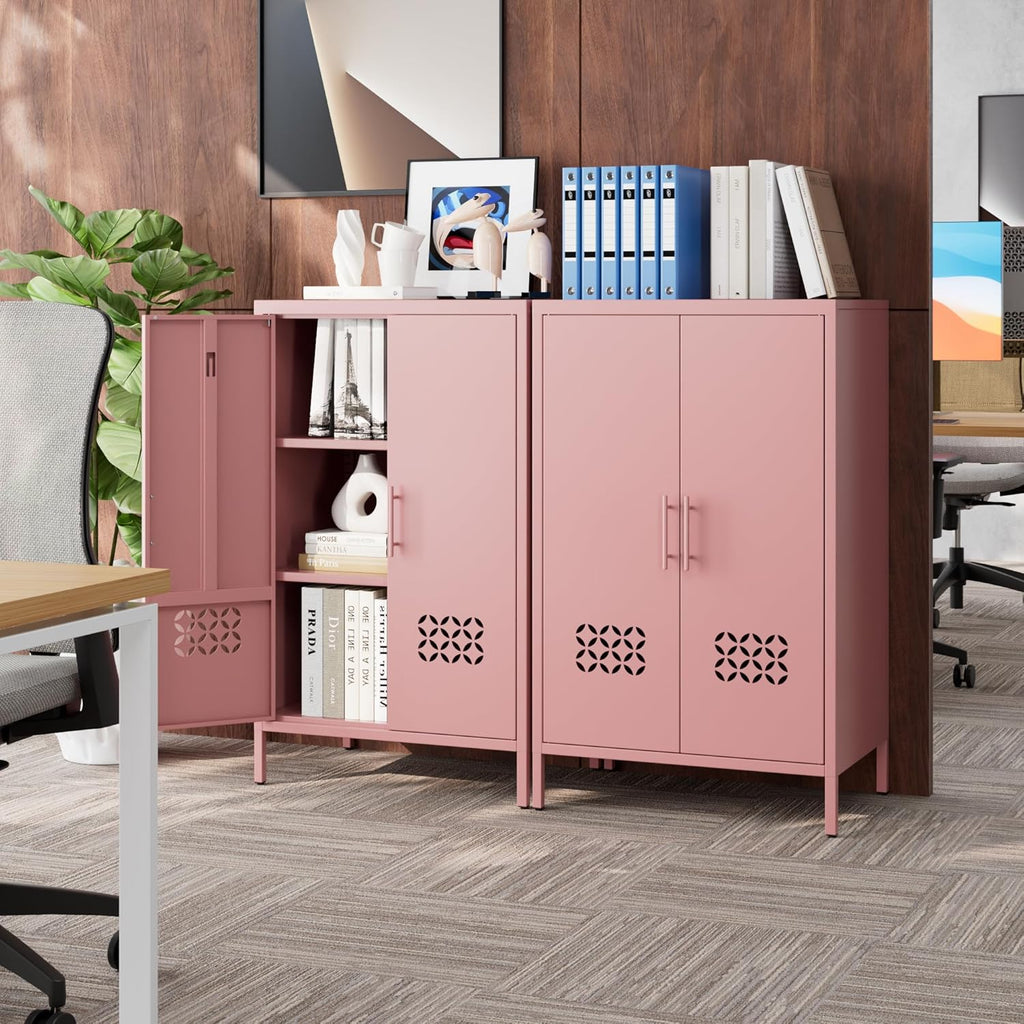 42" H Pink Metal Cabinet with 2 Adjustable Shelves, Metal Coffee Bar & Buffet Sideboard Cabinet with 2 Doors for Home,Dining Room, Kitchen,Assembly Required