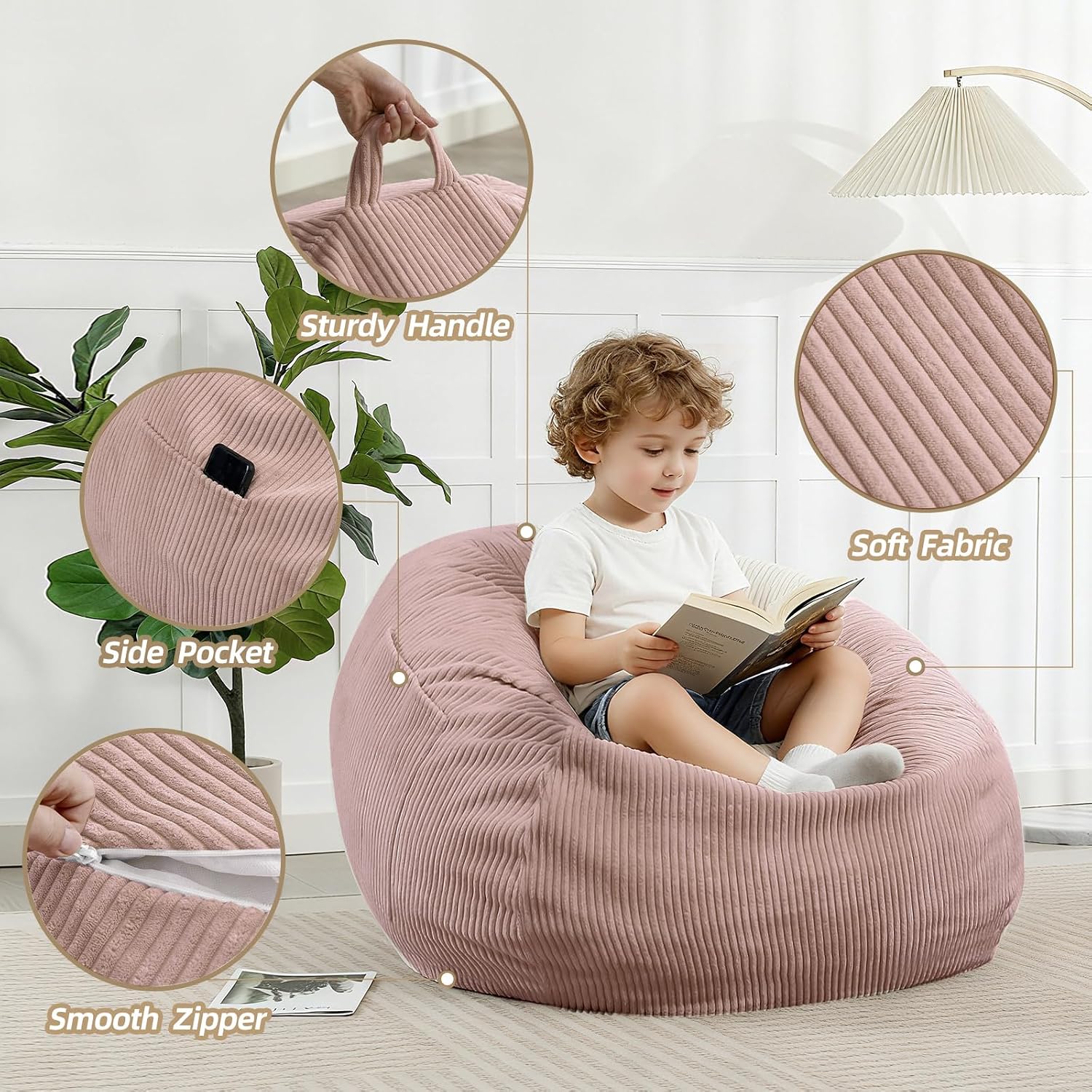 2.5FT Bean Bag Chair with Memory Foam Filling, Pink | Corduroy Fluffy Beanbag Chair for Kids and Teens, Comfy Floor Chair for Living Room Bedroom