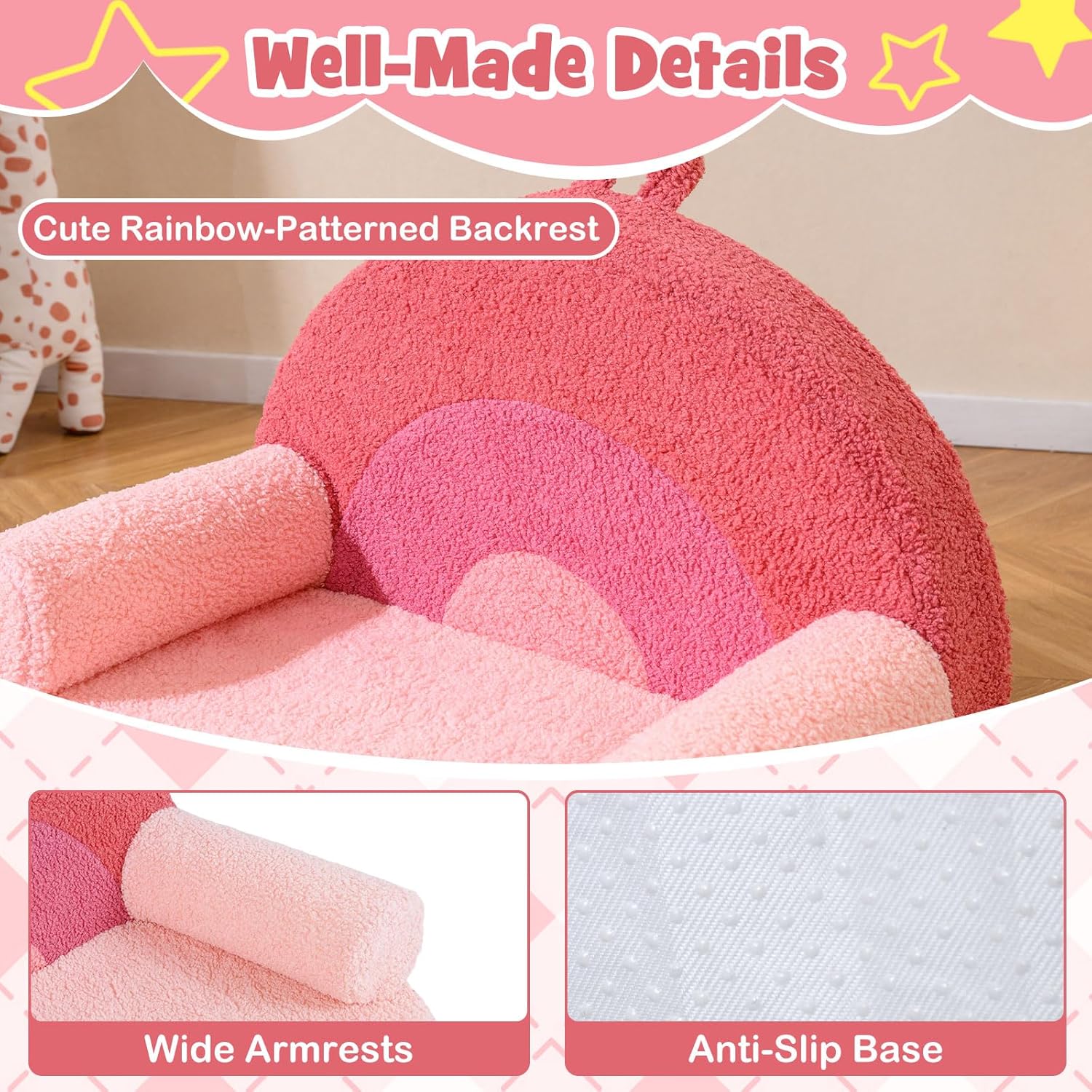 Costzon Kids Couch, Comfy Toddler Soft Sofa Chair with Fleece Fabric Cover, Kids Furniture for Playroom, Children Reading Armchair for Boys & Girls Gifts Aged 3+ (Medial,Blush Pink Arc)