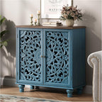 Jiansu furni Sideboard Buffet Cabinet with Storage, 31.6" High Accent Cabinet with 2 Carved Doors, Sturdy Storage Organizer with Solid Wood Bun Feet for Kitchen Coffee Bar, Blue & Walnut