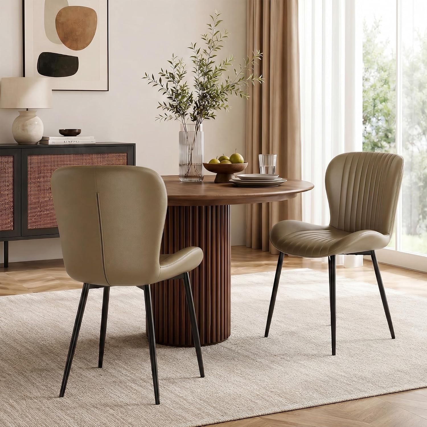Dining Chairs Set of 2, Modern Upholstered Pu Leather Kitchen Side Chairs Dining Room Chairs Comfy Backrest, Brown