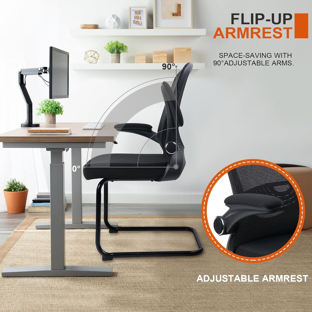 CLATINA Office Guest Chair no Wheels with Lumbar Support and Flip-up Armrest Mid Back Mesh Space Air Grid Series Sled Base for Reception Conference Room Black Set of 8