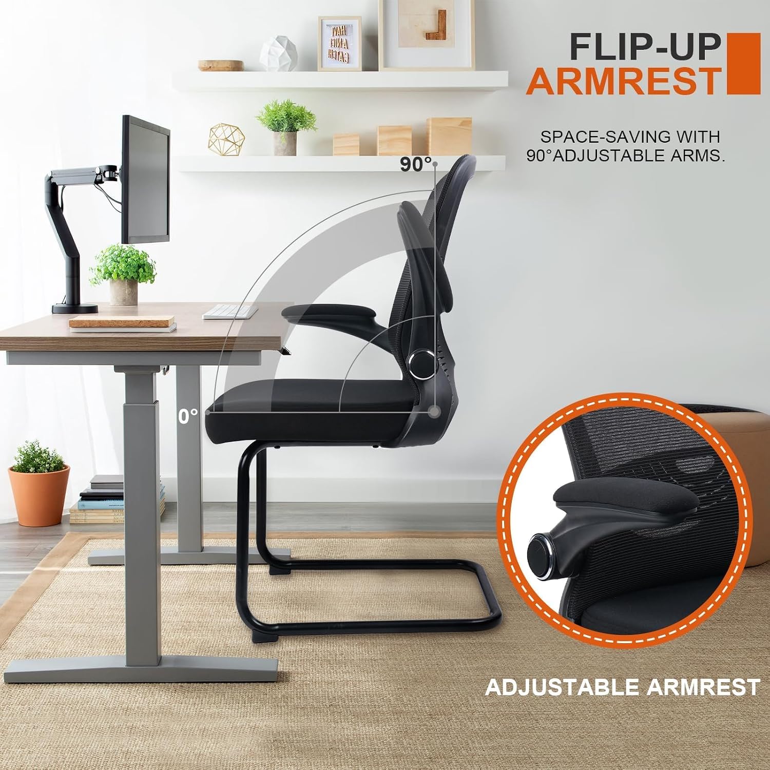 CLATINA Office Guest Chair no Wheels with Lumbar Support and Flip-up Armrest Mid Back Mesh Space Air Grid Series Sled Base for Reception Conference Room Black Set of 8
