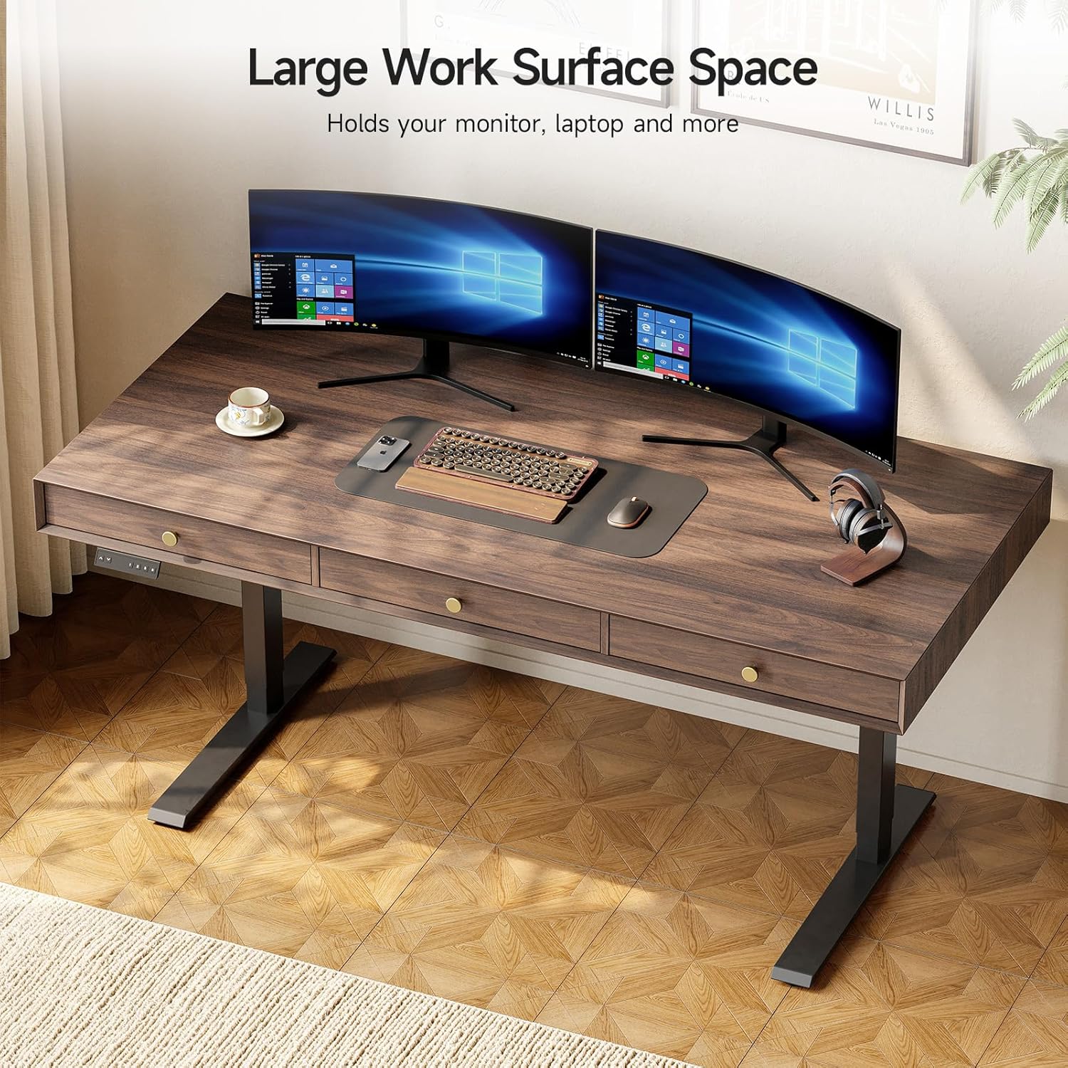 Electric Standing Desk with 3 Drawers, 63 x 24 Inch Height Adjustable Stand up Desk with Storage and Widened Legs, Retro Home Office Desks with Memory Controller for Computer Workstation, Walnut