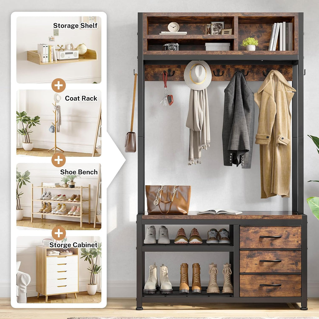 Raybee Hall Tree with Bench and Shoe Storage, Coat Rack Freestanding with 3 Fabric Drawers, Entryway Bench with Shoe Storage, Hall Tree with 12 Hooks for Hallway, Rustic Brown