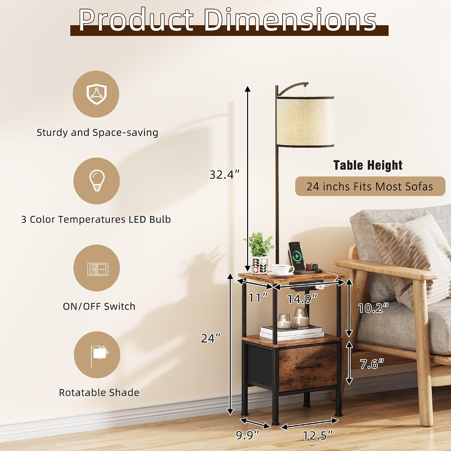 HIGDBFE End Table with Light Set of 2, Side Table with Charging Station & USB Ports, Nightstand with Fabric Drawer, Coffee Table with 3 Color Temperatures Light for Living Room, Rustic Brown, 14.9" W