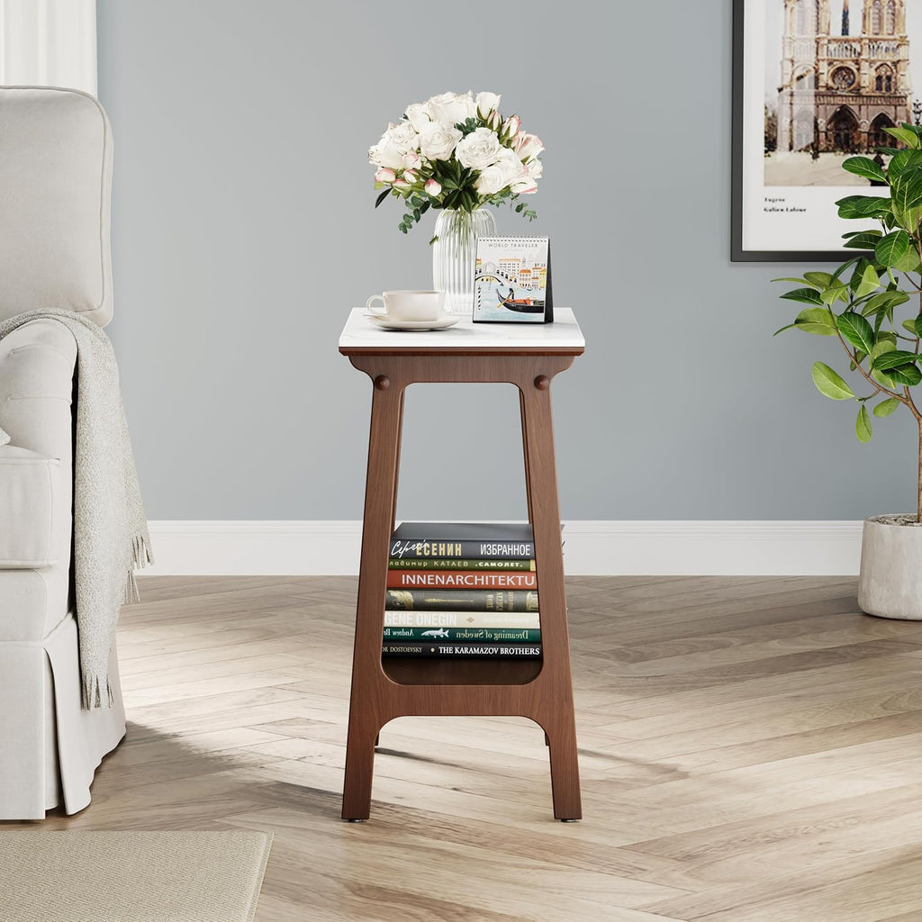 Narrow Side Table with Storage Shelf, Reddish Brown Walnut, 23.54 x 11.75 x 23.66 Inches, MDF with Marble Slate Top, Modern Vintage Style End Table for Small Spaces