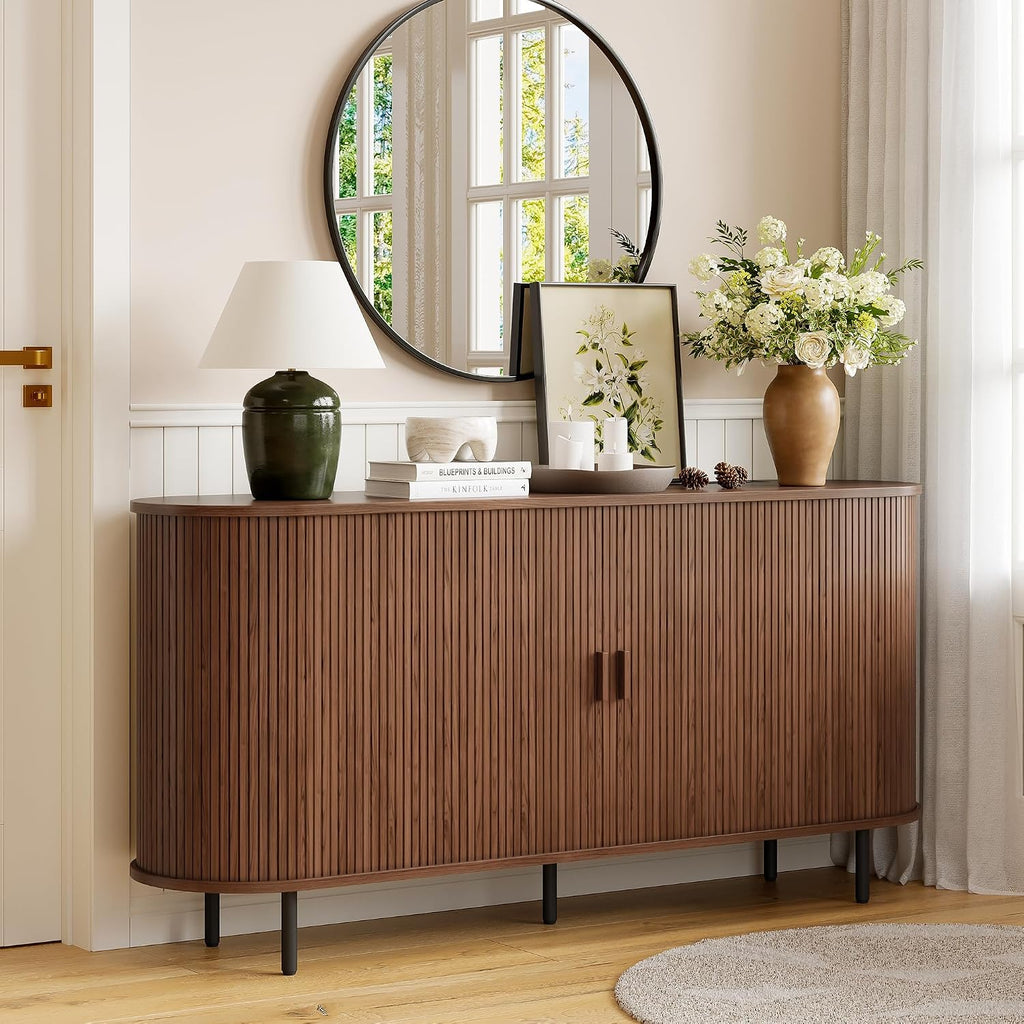ONBRILL 63'' Fluted Sideboard Buffet Cabinet with Storage, Large Credenza Storage Cabinet with Drawers, Mid Century Modern Buffet Table Accent Console Cabinet for Kitchen Living Room Enrtyway, Walnut