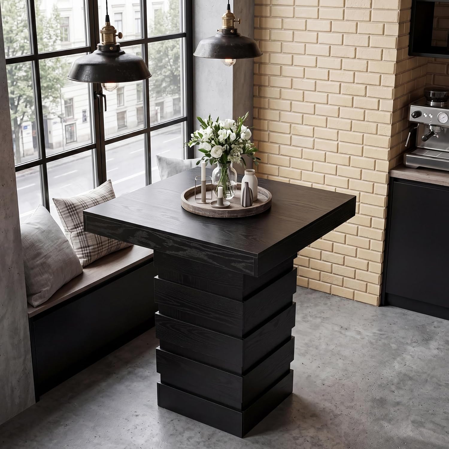 Tribesigns Square Bar Table, 37.4” H Modern Bar Height Pub Table with Stacked Block Base, Black High Top Bistro Table for Kitchen Nook, Living Room, Small Spaces (Table Only)