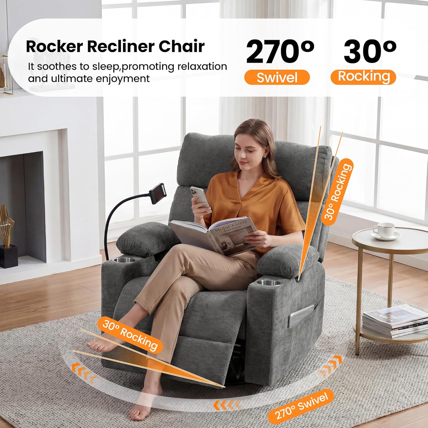 FiveWillowise Power Rocking Chair Nursery with Adjustable Armrests&Headrest, Glider Recliner Chair, Swivel Reading Chair with Electric Lumbar Support, Cup Holder, Nightlight and USB Ports, Grey