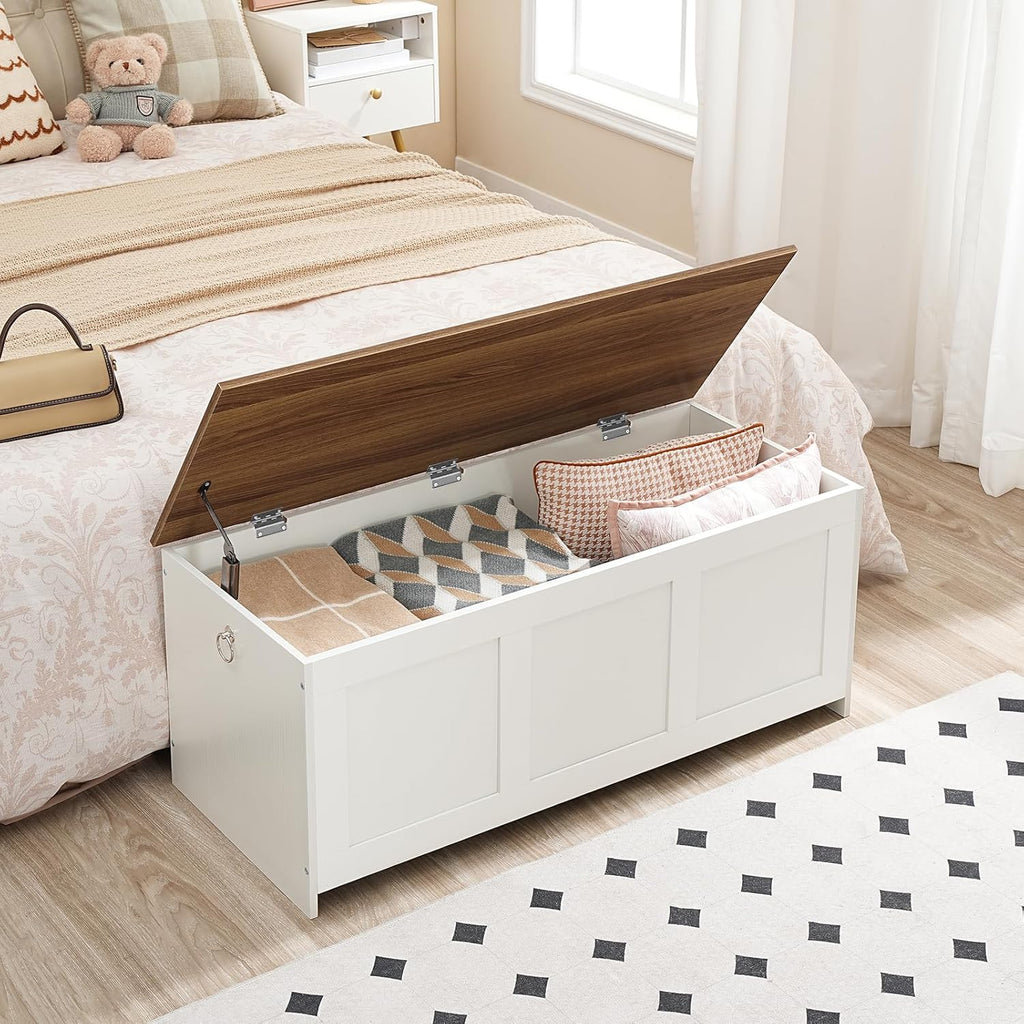 HOOBRO Storage Bench, 39.3" Retro Wooden Storage Chest, Wooden Storage Trunk, Toy Chest with Lift Top, Multifunctional Entryway Organizer, for Entryway, Living Room, White and Walnut WH141CW01G1