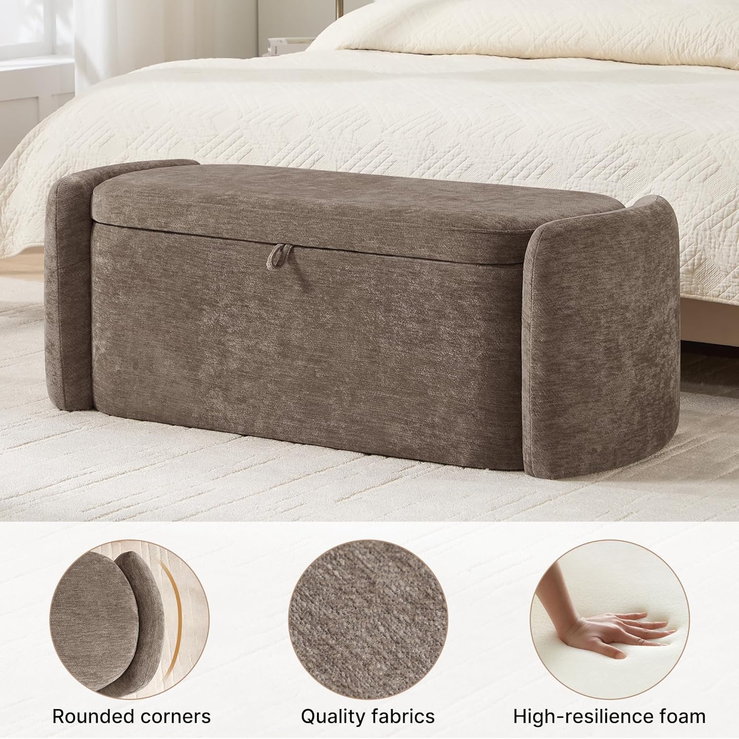 Oval Storage Ottoman Bench, 45" Upholstered Chenille End of Bed Bench Ottomans Bench, Storage Ottoman Foot Rest, Living Room and Hallway, Light Brown