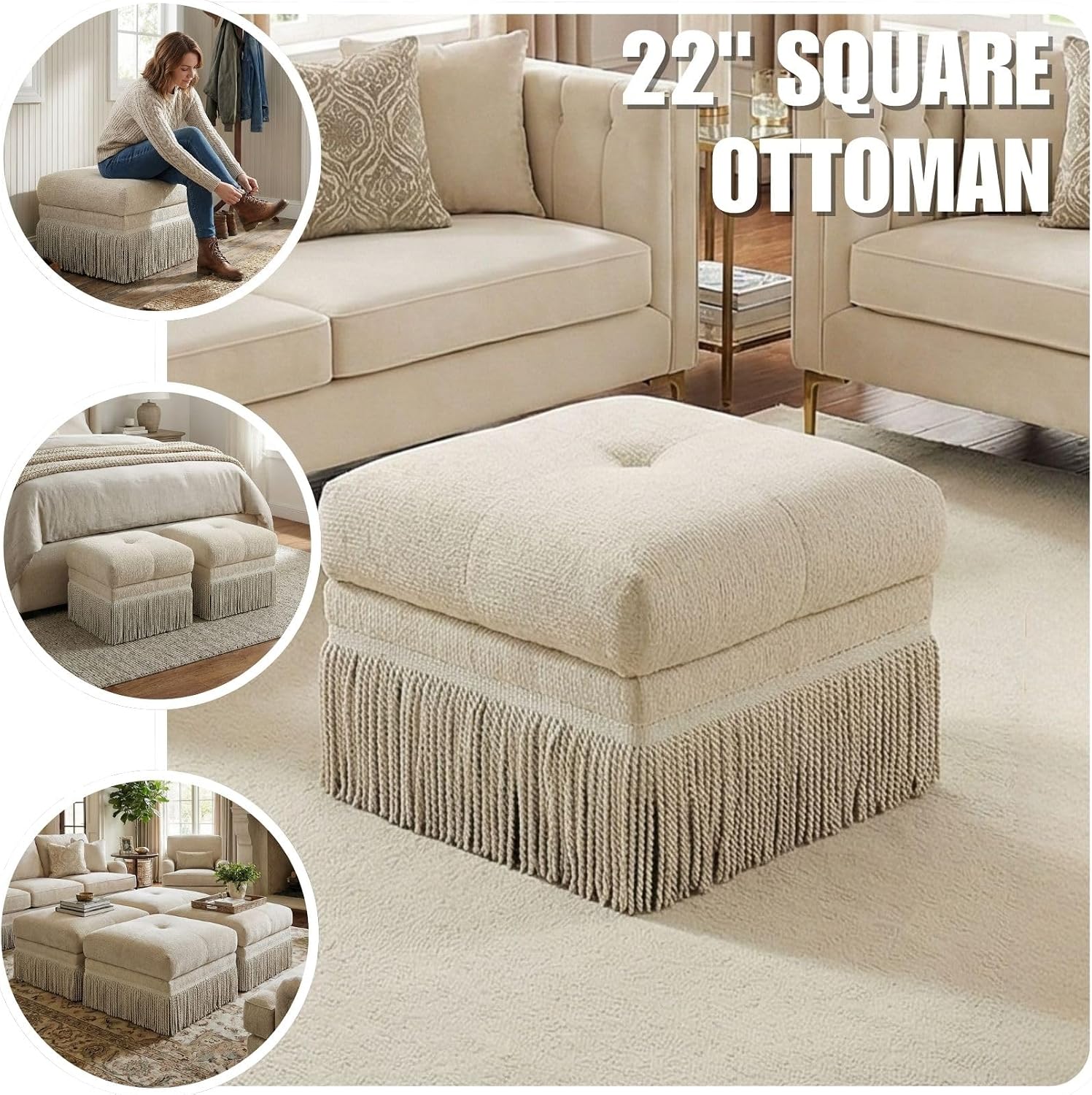 Hyfirm 22 Inch Square Beige Ottoman with Fringe for Living Room, Plush Modern Boho Upholstered Accent Pouf Ottomans Foot Rest for Bedroom, Footstool Ottoman End of Bed
