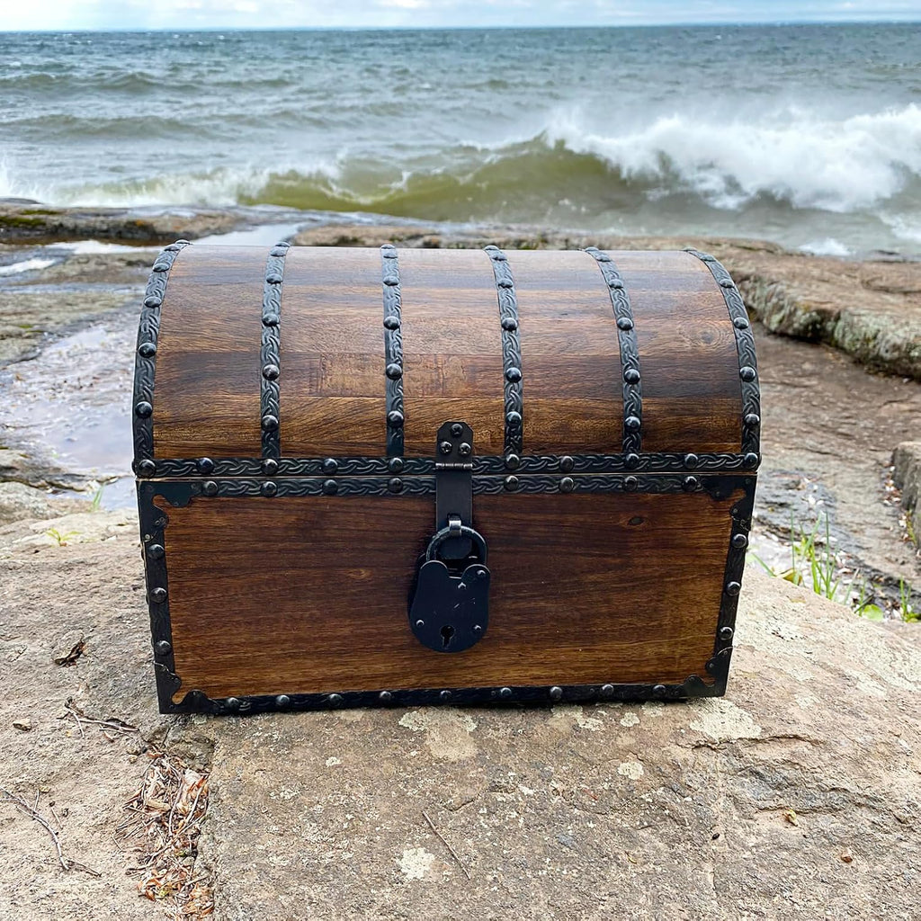 Nautical Cove Wood Treasure Chest with Decorative Rivets and Reinforcing Iron Strips with Lock and Skeleton Keys (Dark Antique, Large 13x10x10) – Wooden Keepsake Box, Pirate Decor, Storage Chest