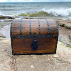 Nautical Cove Wood Treasure Chest with Decorative Rivets and Reinforcing Iron Strips with Lock and Skeleton Keys (Dark Antique, Large 13x10x10) – Wooden Keepsake Box, Pirate Decor, Storage Chest