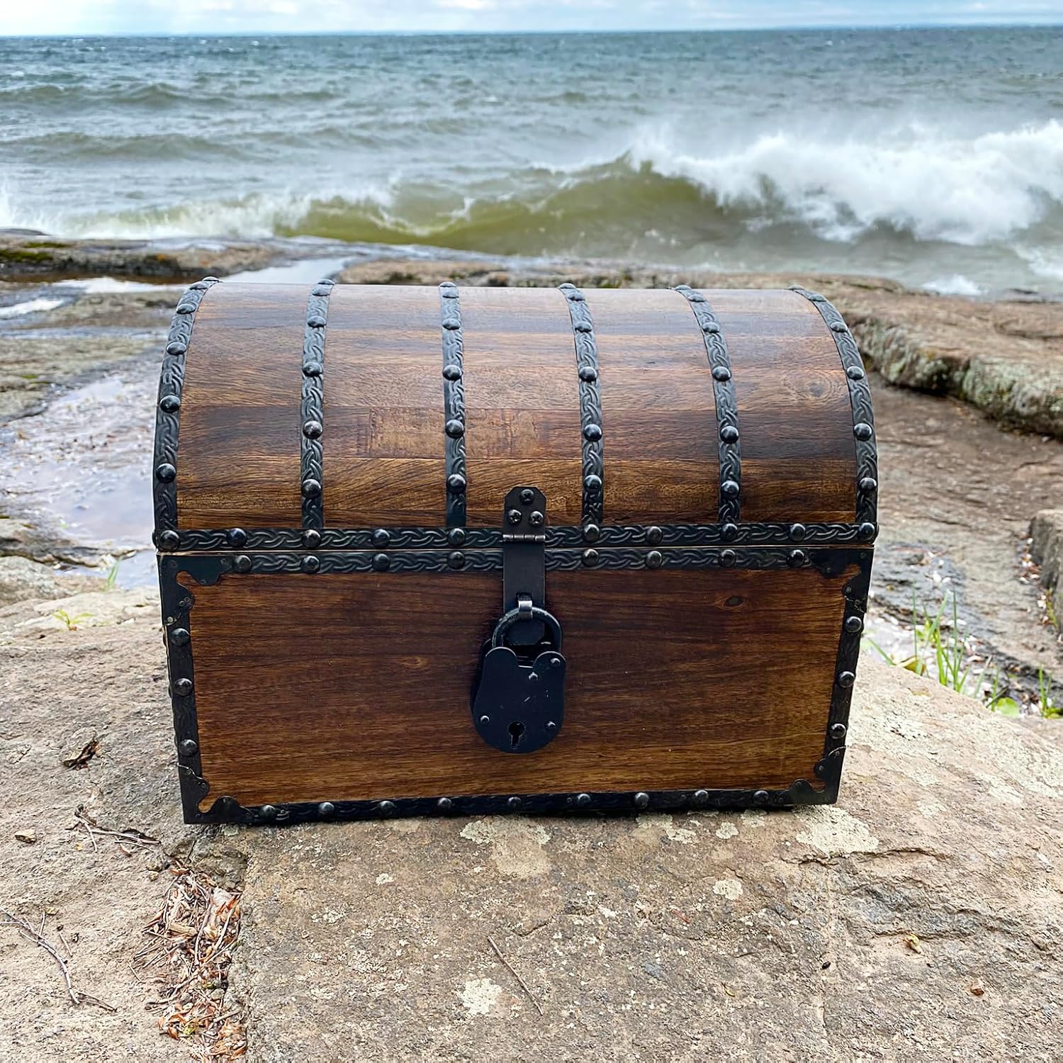 Nautical Cove Wood Treasure Chest with Decorative Rivets and Reinforcing Iron Strips with Lock and Skeleton Keys (Dark Antique, Large 13x10x10) – Wooden Keepsake Box, Pirate Decor, Storage Chest