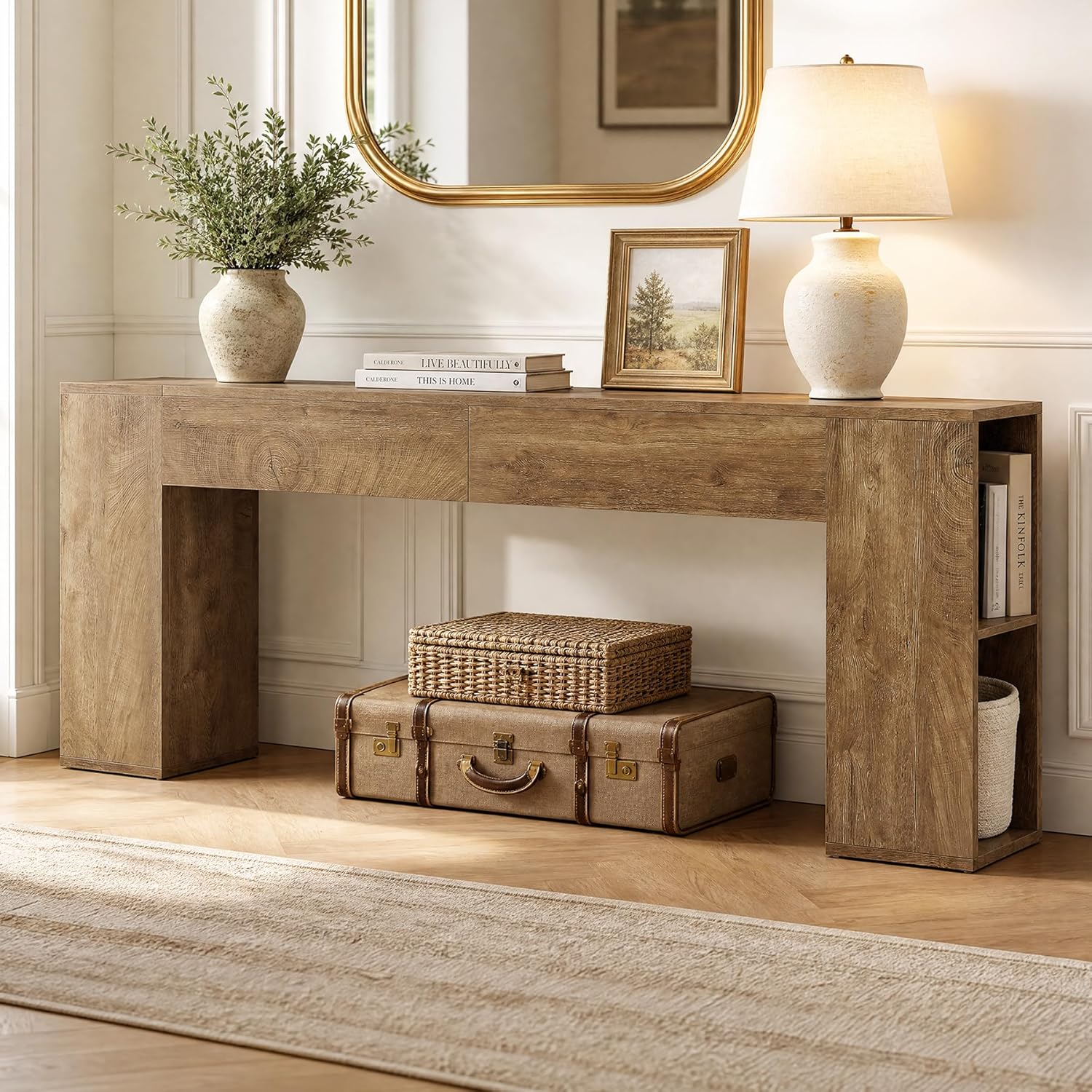 Tribesigns Extra Long Console Table, 79-Inch Entryway Table with 2 Drawers and Side Storage Shelves, Farmhouse Behind Couch Table for Entrance, Hallway, Foyer, Living Room, Brown