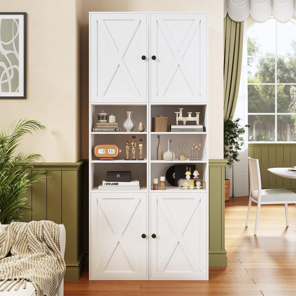 70.8" Tall Bathroom Storage Cabinet Set of 2 with Barn Doors, Narrow Storage Cabinet with Adjustable Shelves & Open Compartments, Slim Floor Cabinet for Bathroom, Kitchen, Entryway, Living Room, White