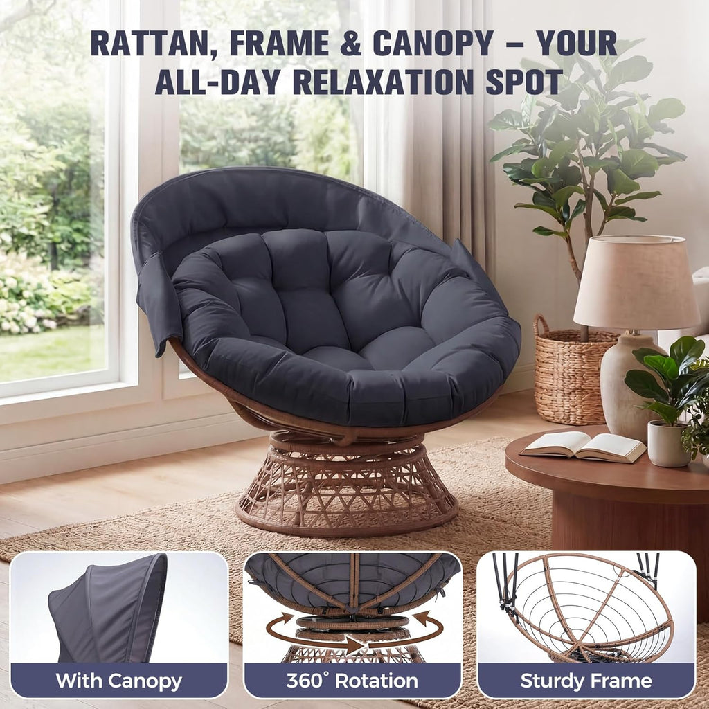 COMHOMA Papasan Chair, 36" Ergonomic Wicker Papasan Chair with Extra-Thick Soft Fabric Cushion, Heavy-Duty Steel Frame, 360° Swivel Base for Living Room, Lounge, Bedroom & Reading Nook – Grey