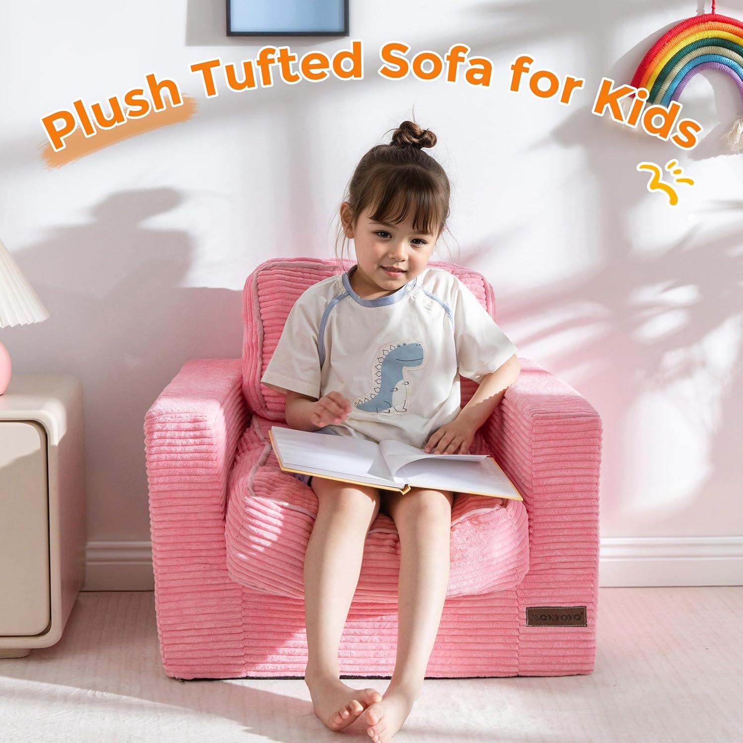 MAXYOYO Kids Bean Bag Chair, Upholstered Bean Bag Sofa Cloud Seat for Boys and Girls, Boneless Couch with Tufted Cushion & Pillows, Kids Sofa in A Box, No Assembly Required, Pink