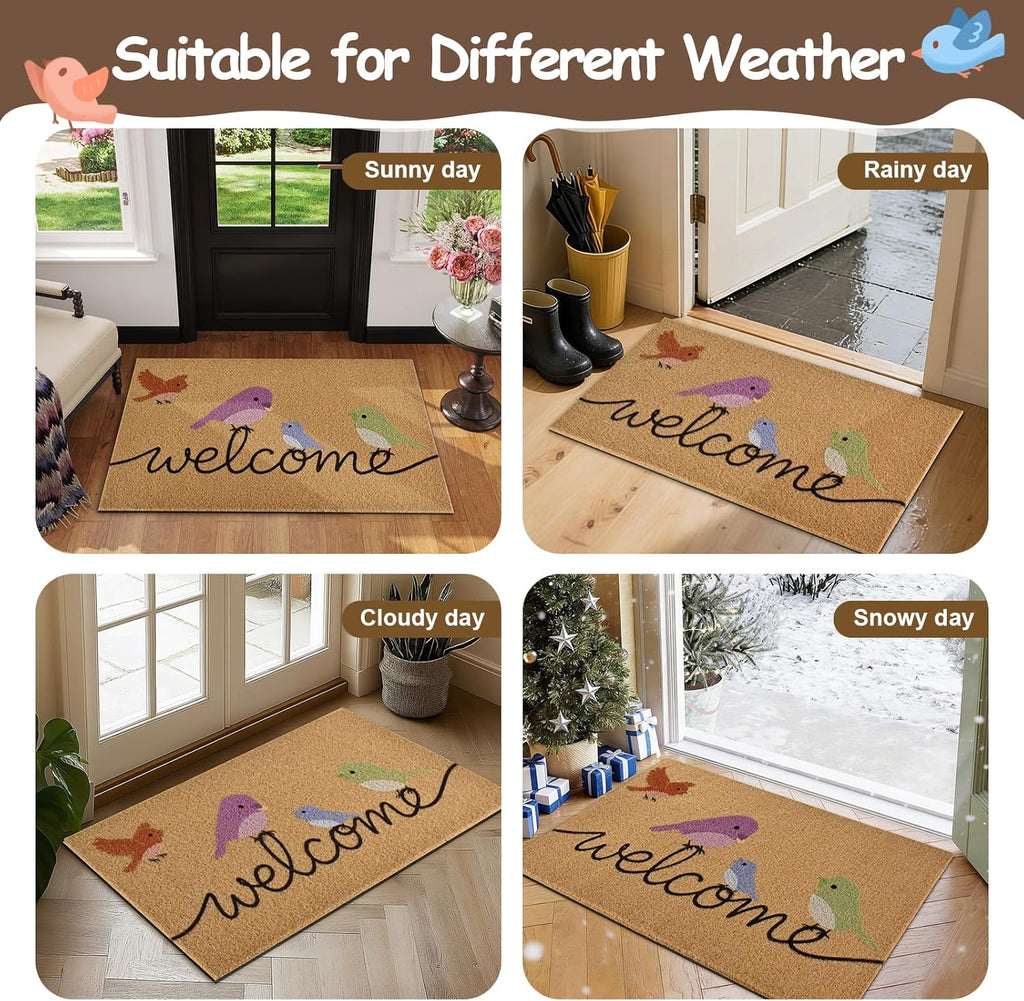 Yinhua Colorful Birds Coir Door Mat, Heavy Duty Welcome Mat with Non-Slip Rubber Backing, Low Pile Front Door Mats for Outside Entrance, Natural Entry Mats Coconut Fiber Surface for Porch 17"x30"
